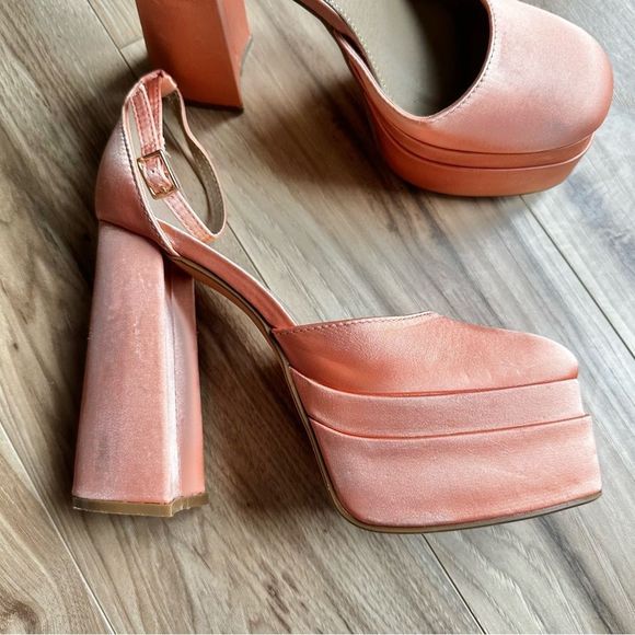 EGO | Happer Close Toe Statement Platform Block Heel Nude Peach Satin | … - Picture 5 of 11
